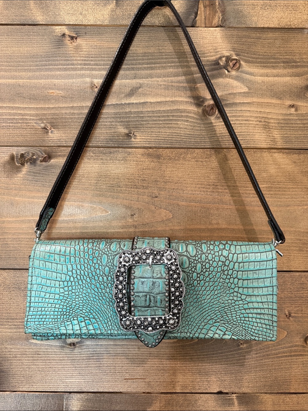 Double J Saddlery Croc-Embossed Turquoise Bag with Decorative Buckle